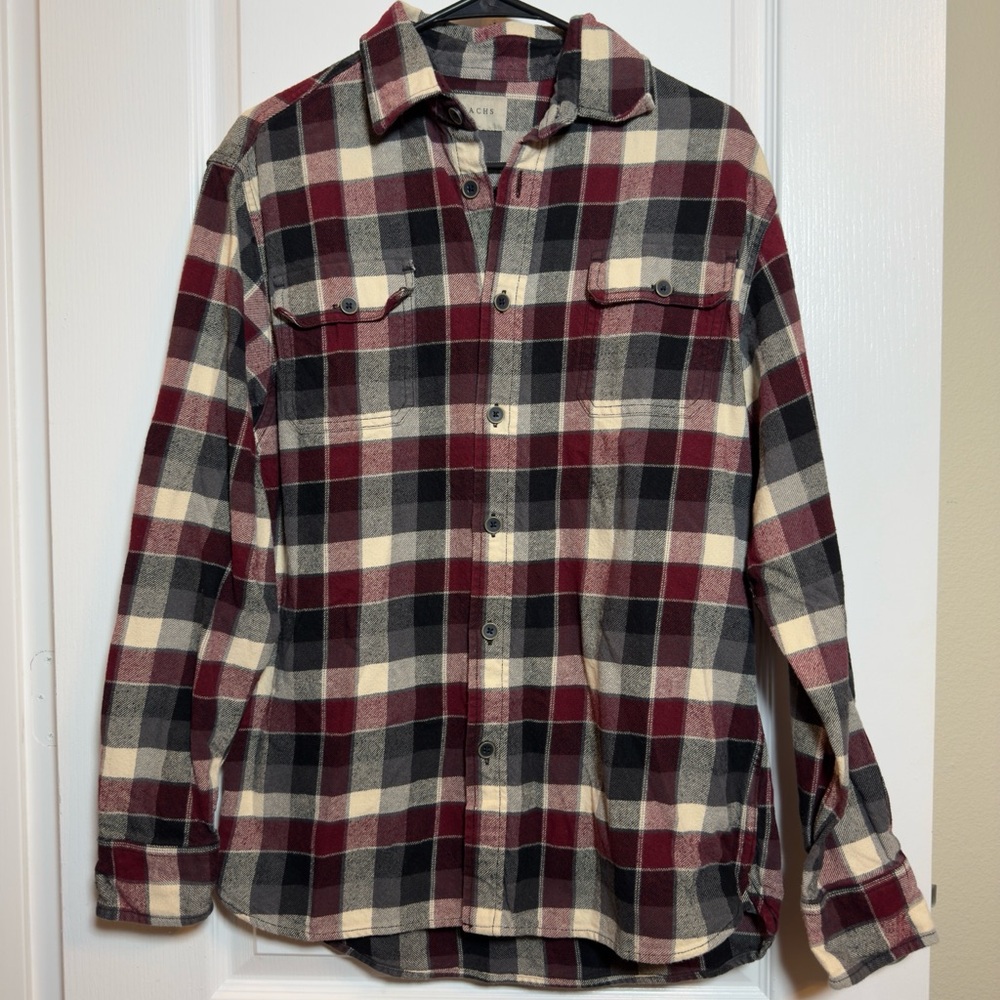 Jachs Men's Casual Flannel Button Down Shirt - Burgundy Black, Plaid Cotton